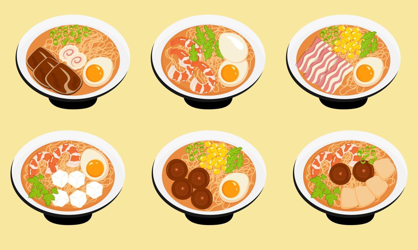 ramen tallarines conjunto con diferente rellenos japonés alimento. vector ilustración.