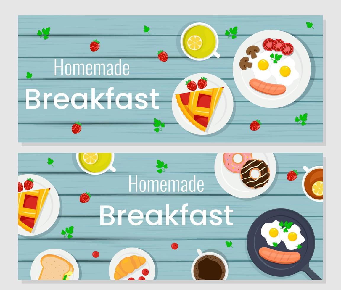 banner web, póster para café o restaurante con diferente desayuno elementos en el de madera antecedentes. vector