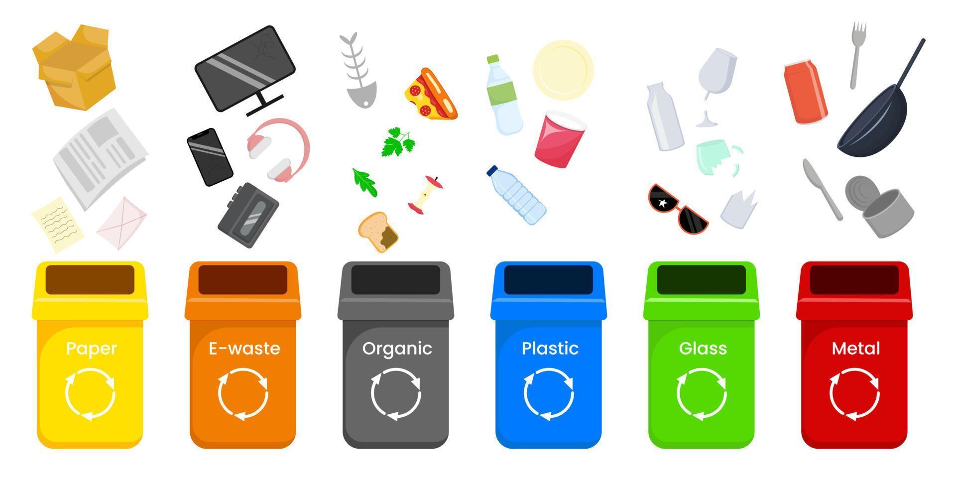 Waste recycle concept. Different type of garbage with trash bin. vector