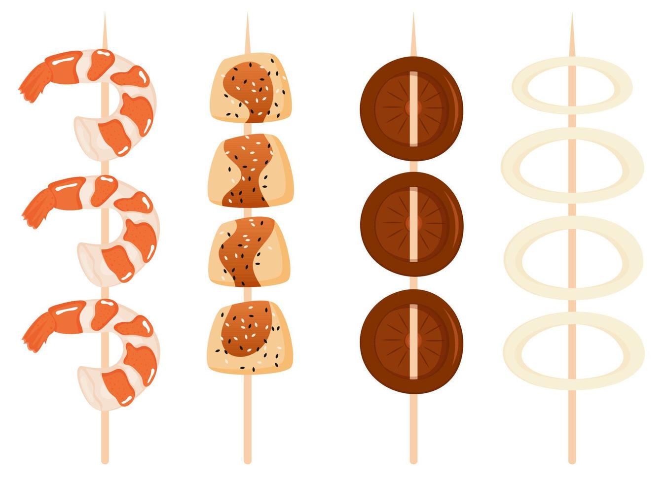 Japanese street food yakitori set on the white background. Vector illustration