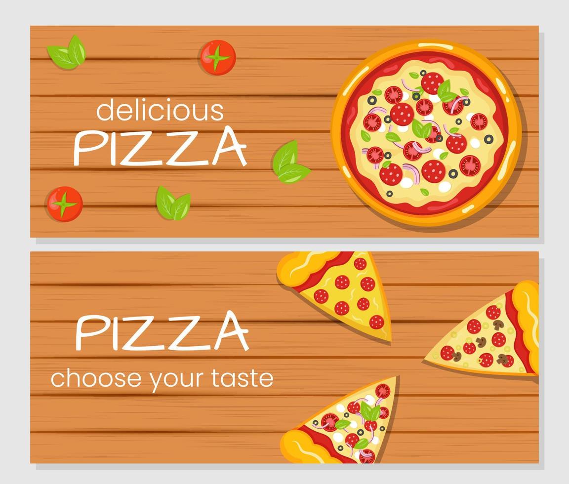 Pizzeria banner with wooden background. vector
