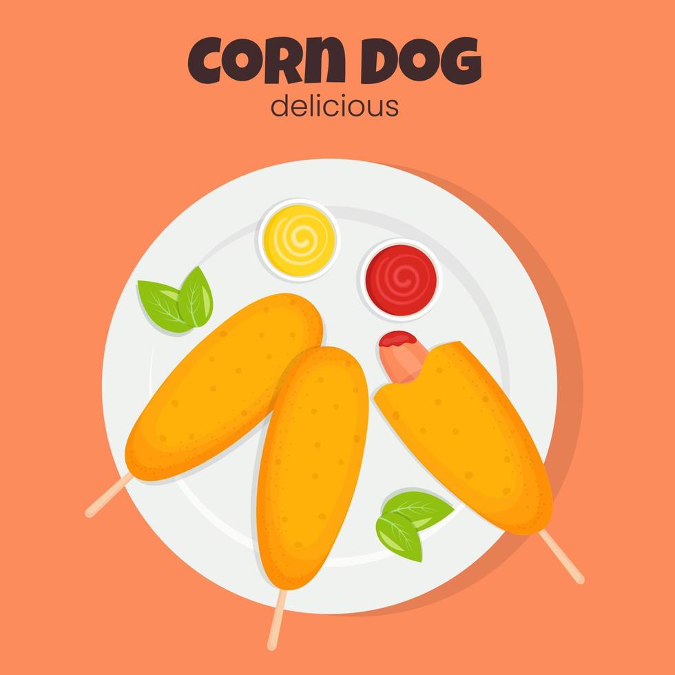 Banner, poster, social media post template with corn dog on the plate. Asian food. vector