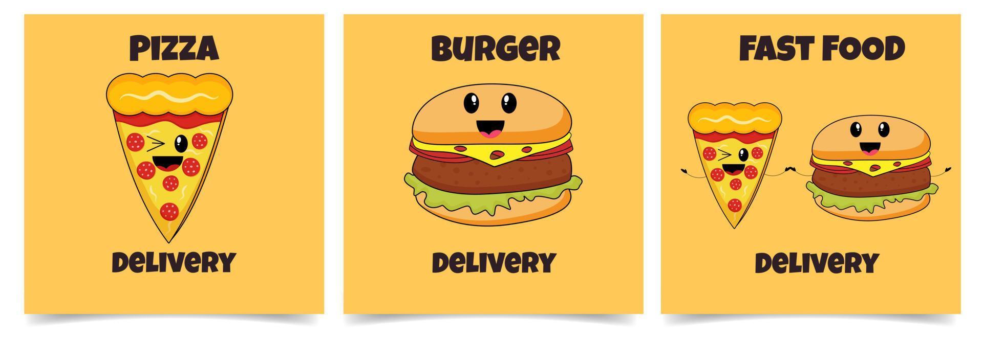 rápido comida entrega póster, bandera, social medios de comunicación enviar modelo conjunto con Pizza y hamburguesa con kawaii emociones vector