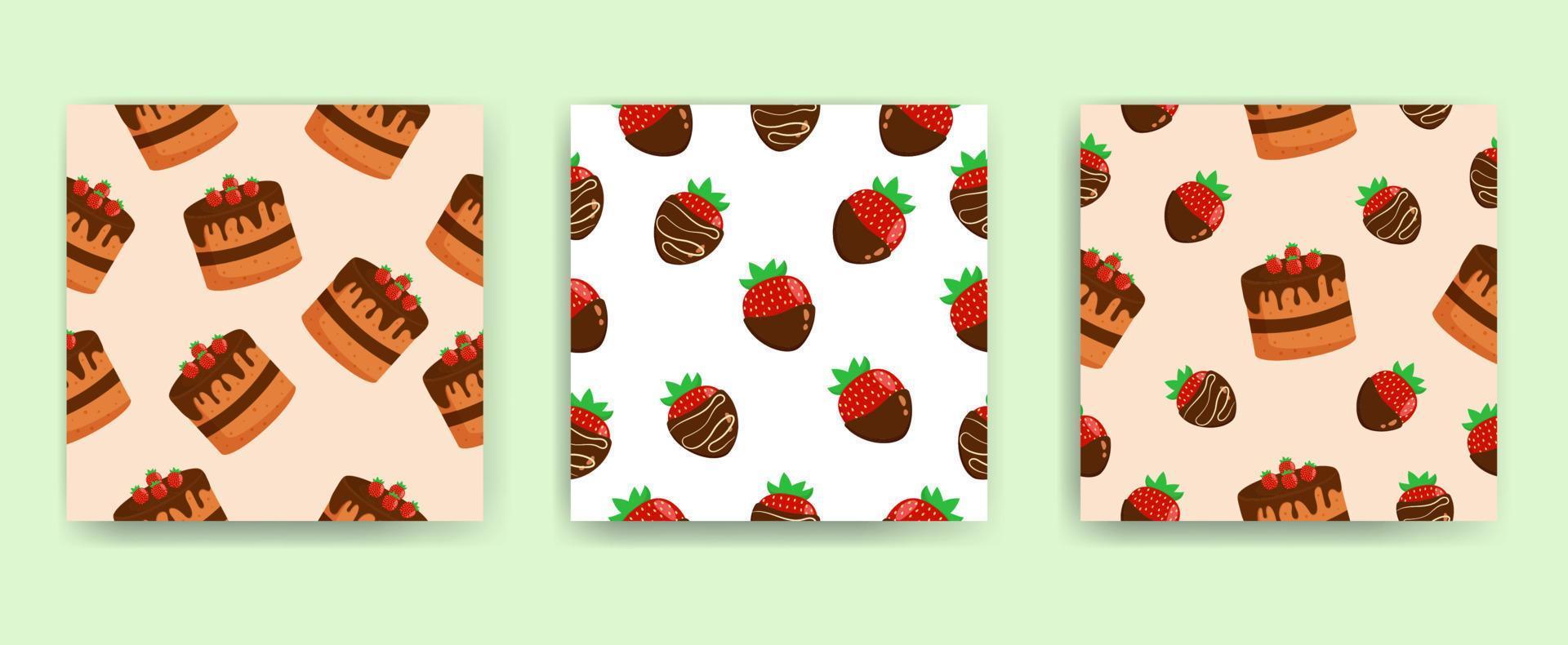 Seamless pattern collection with cake and strawberries. vector