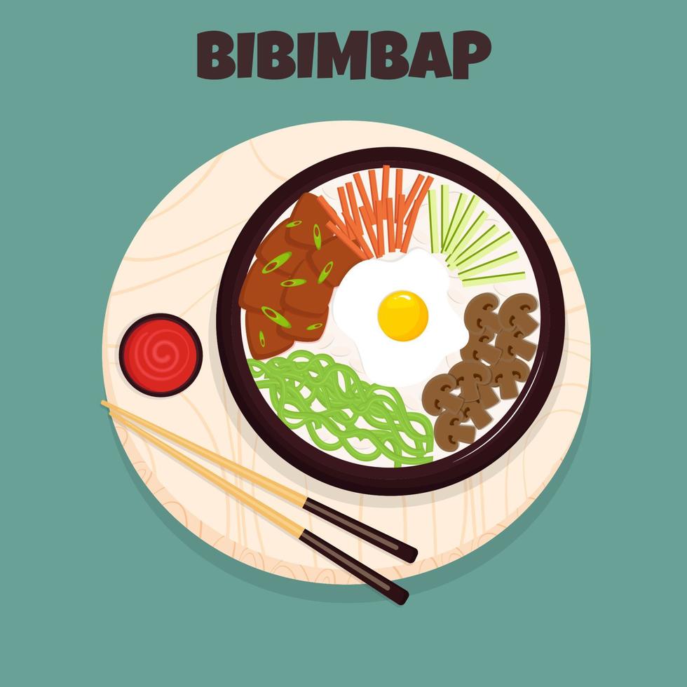 Korean cuisine dish bibimbap on the wooden cutting board. Top view. vector