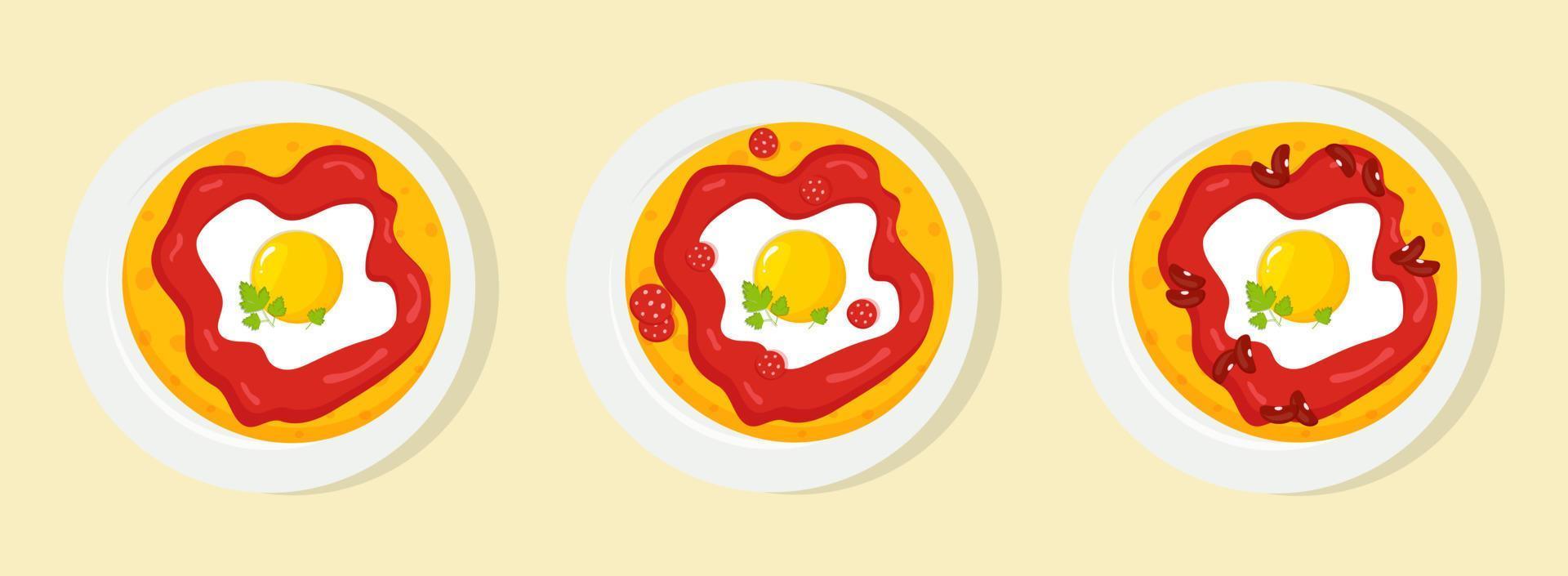 Mexican cuisine traditional breakfast huevos rancheros with different fillings set vector