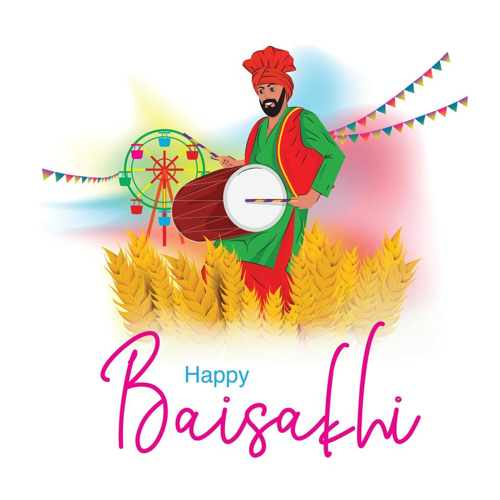 vector illustration of happy Baisakhi. Punjabi man Doing Bhangra with drums in Field