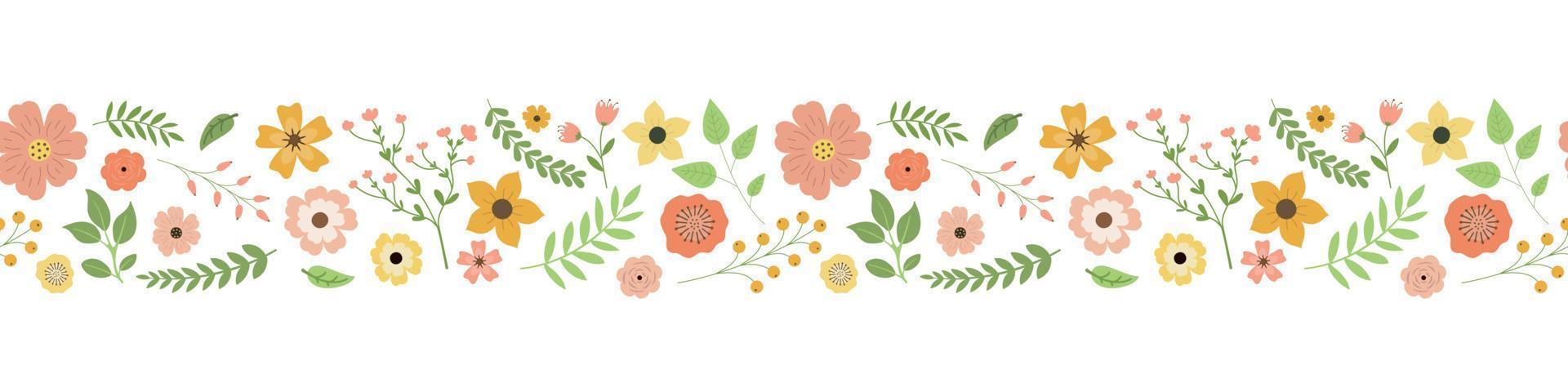 Cartoon spring flowers, leaves, and berries seamless border pattern. Isolated on white background. Colorful garden flowers in a row. Design for stickers, labels, and banners vector