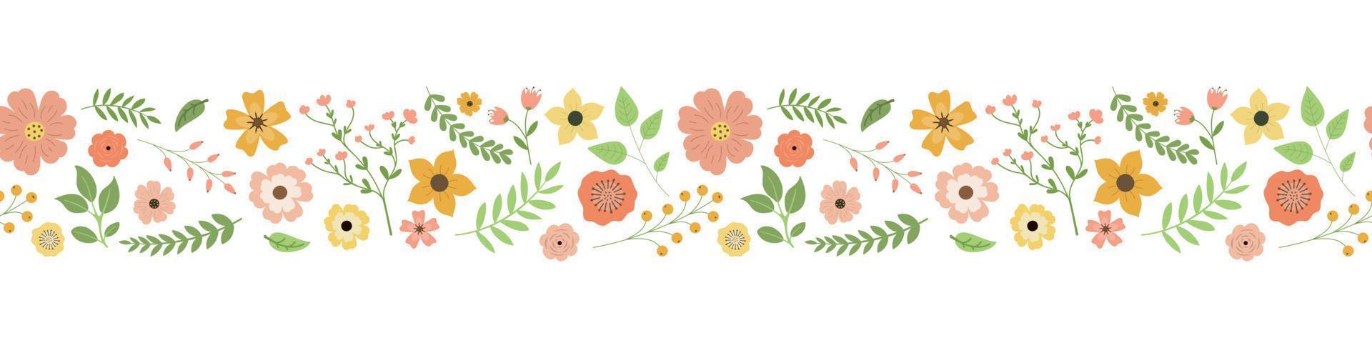 dibujos animados primavera flores, hojas, y bayas sin costura frontera modelo. aislado en blanco antecedentes. vistoso jardín flores en un fila. diseño para pegatinas, etiquetas, y pancartas vector