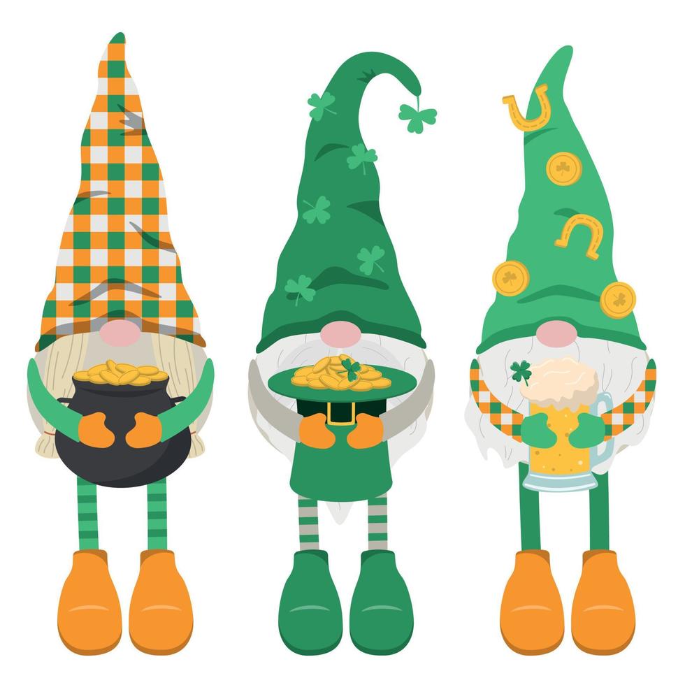Happy St Patricks Day cute gnomes or leprechauns. Isolated on white background. Flat vector illustration.