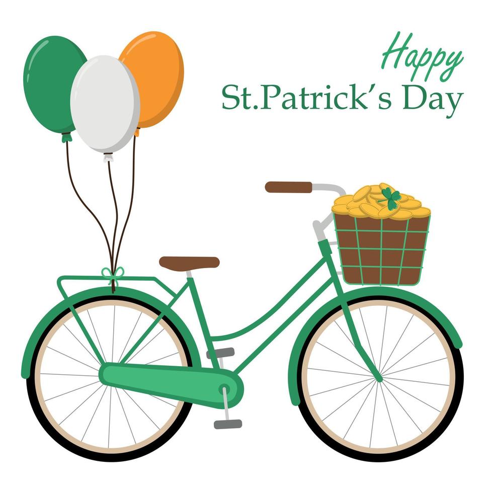 St. Patrick's Day green holiday bike with basket of gold coins and balloons. Isolated on white background. St. Patrick's Day festival theme design. vector