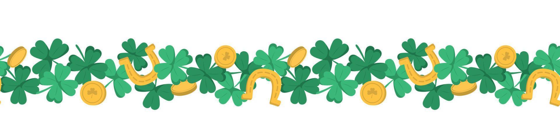 St. Patrick's Day horizontal seamless background with shamrock leaves, horseshoes and a lot of gold coins. Isolated on white background. vector