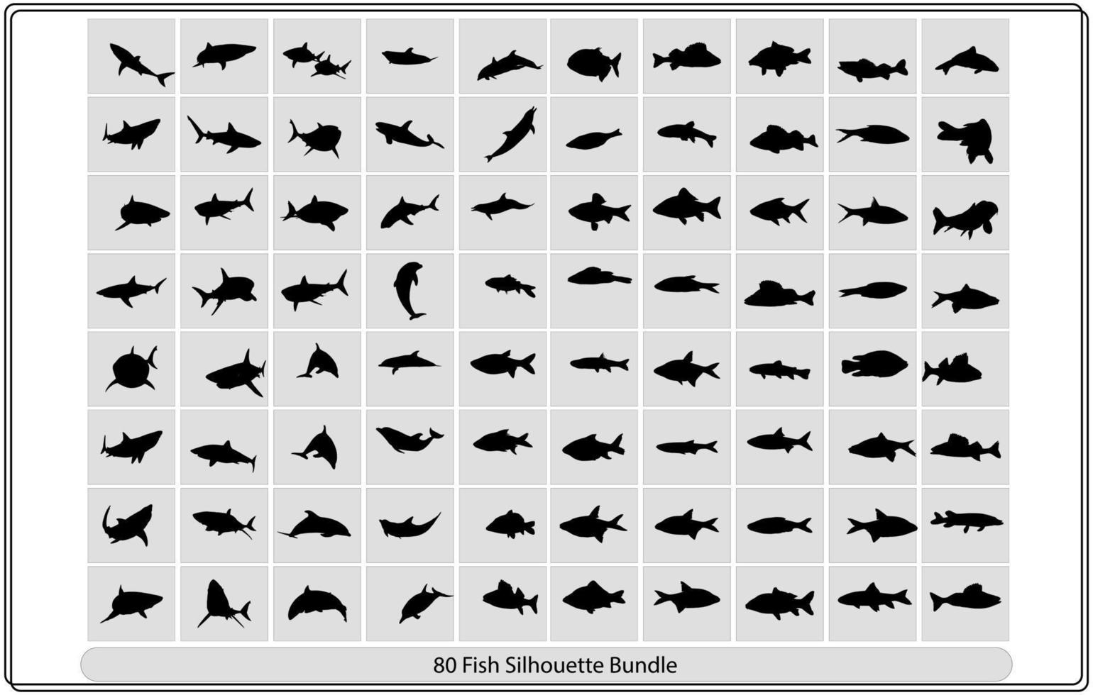 Fish sorts and types. Various freshwater fish. Hand drawn vector illustrations of different inland sorts.Over hundred silhouettes.