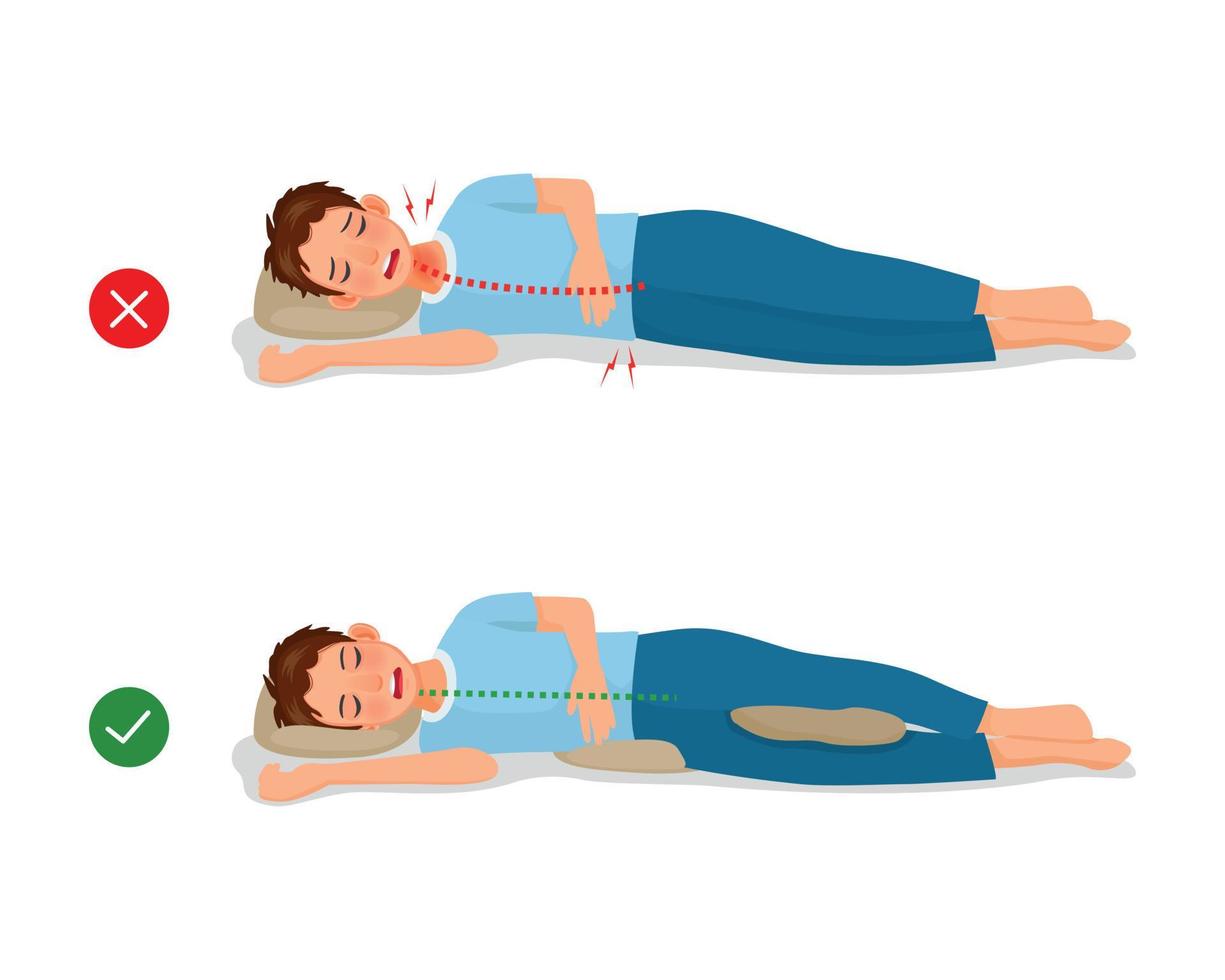 Incorrect and correct neck, spine and knee alignment of young man sleeping body posture vector