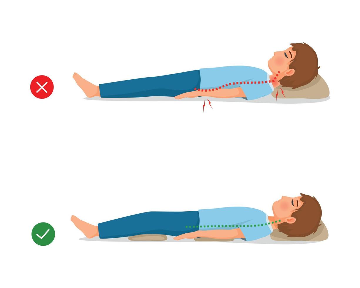 Incorrect and correct neck, spine and knee alignment of young man back sleeping body postures vector