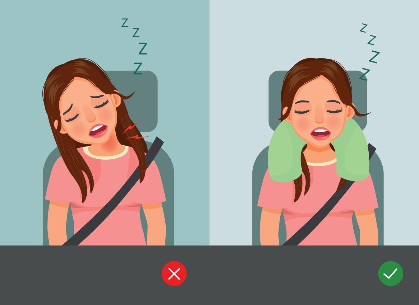 incorrecto y correcto camino de joven mujer dormido durante viaje en coche o autobús con almohada en cuello vector