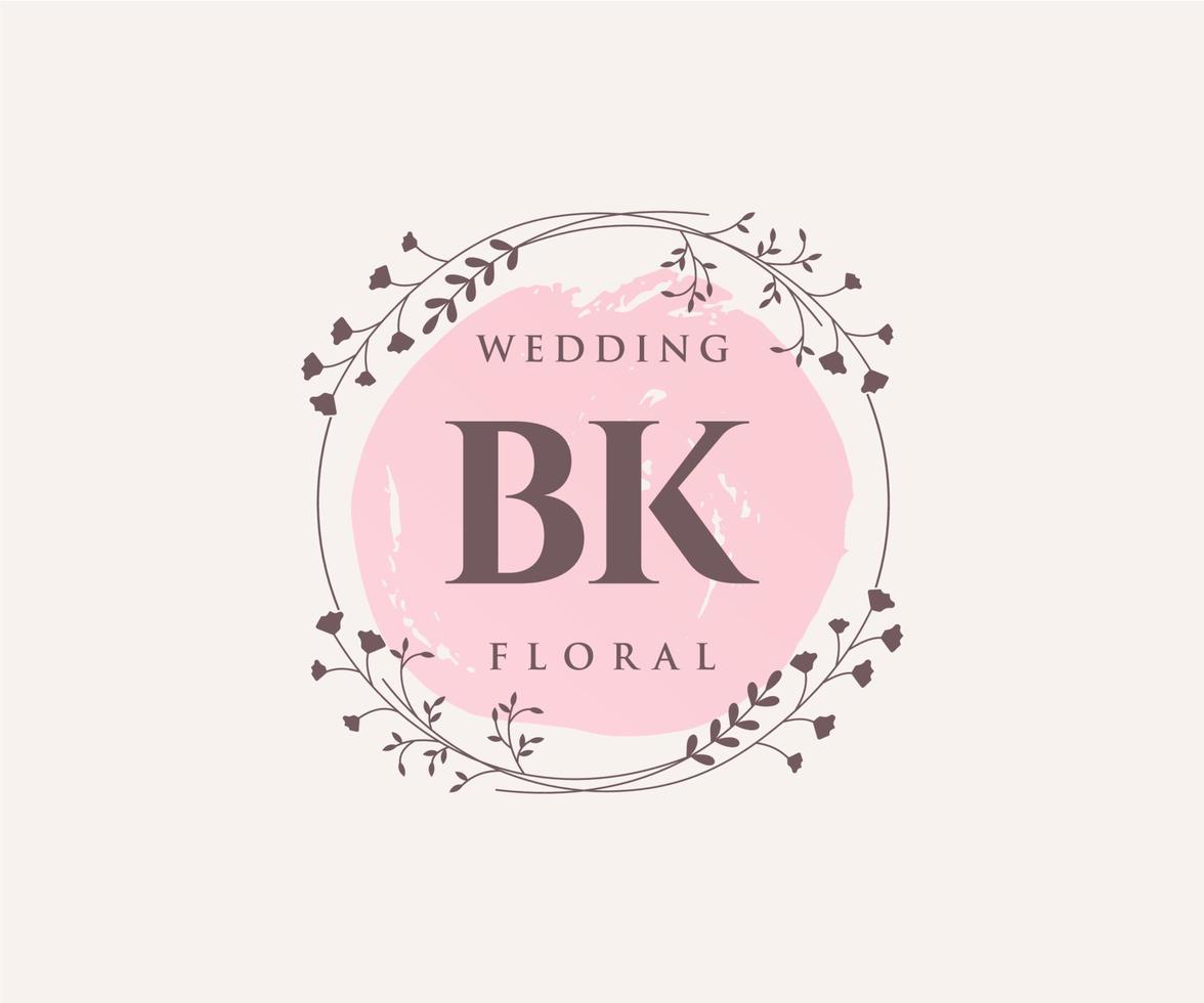 Plantilla de logotipos de monograma de boda con letras iniciales bk, plantillas florales y minimalistas modernas dibujadas a mano para tarjetas de invitación, guardar la fecha, identidad elegante. vector