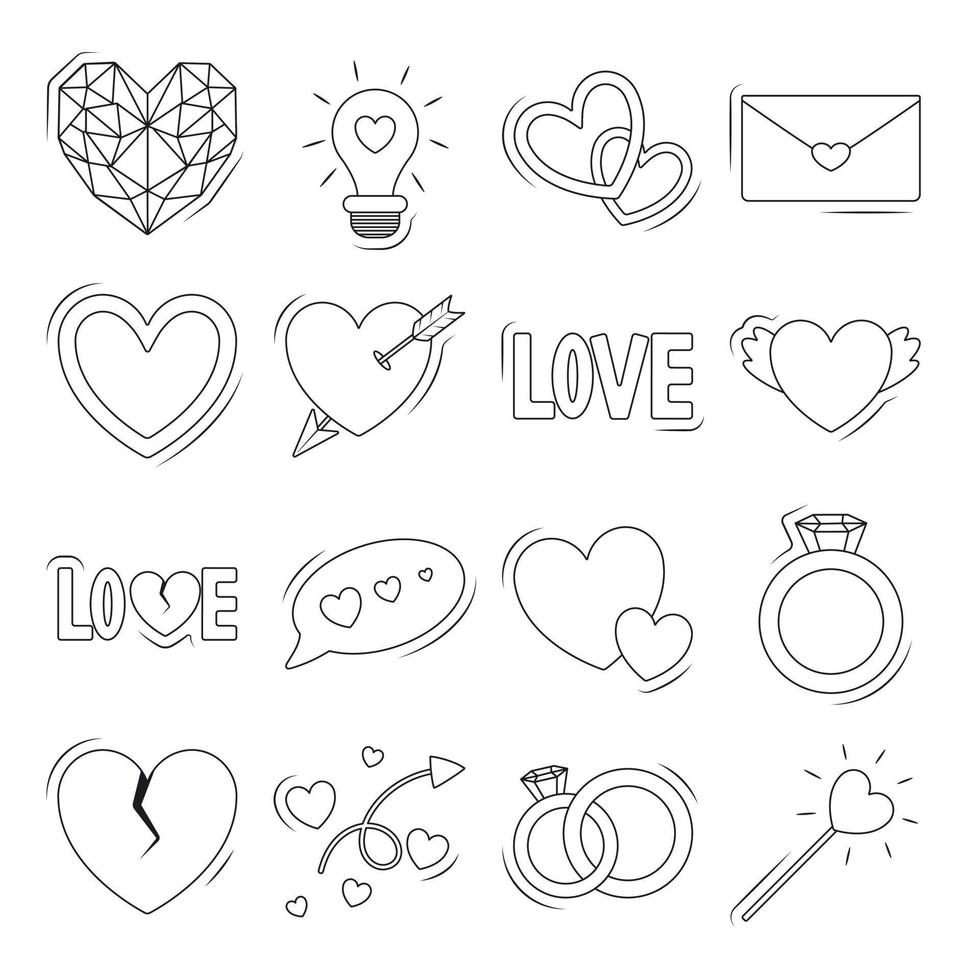 Untitled-Vector set of doodle icons for valentines day. Isolated hearts of different shapes and sizes, love arrow, falling in love, wedding ring and broken heart. Stickers for decoration. vector