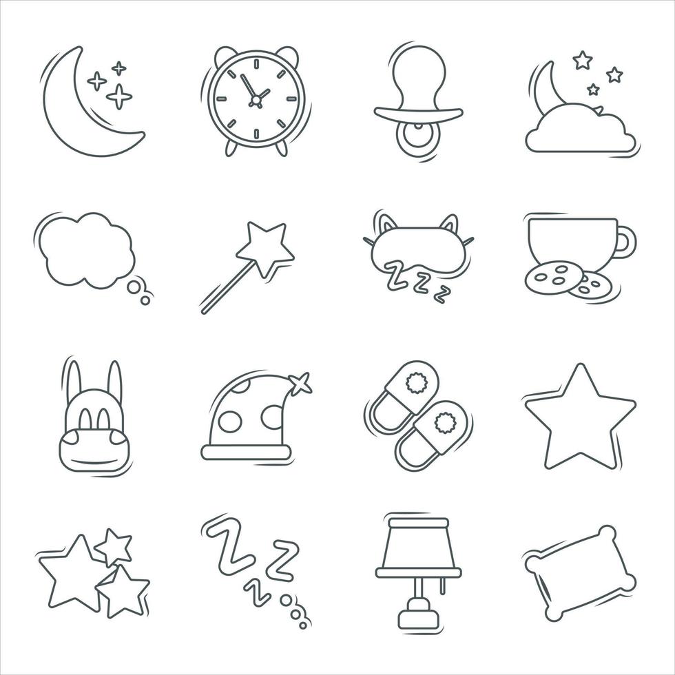 Set of modern outline vector flat baby icons on the topic of sleep time. Cute decorations for baby items and room. Image of the moon and stars, pillow, dreams. All pictures are isolated.