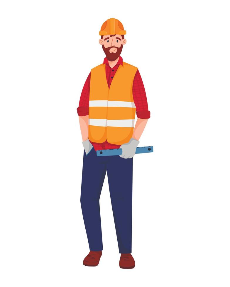 vector ilustración de un longitud total masculino trabajador vistiendo un naranja reflexivo trabajo chaleco. un la carretera o construcción trabajador en un la seguridad casco es participación un regla en su manos. brillante dibujos animados ilustración.