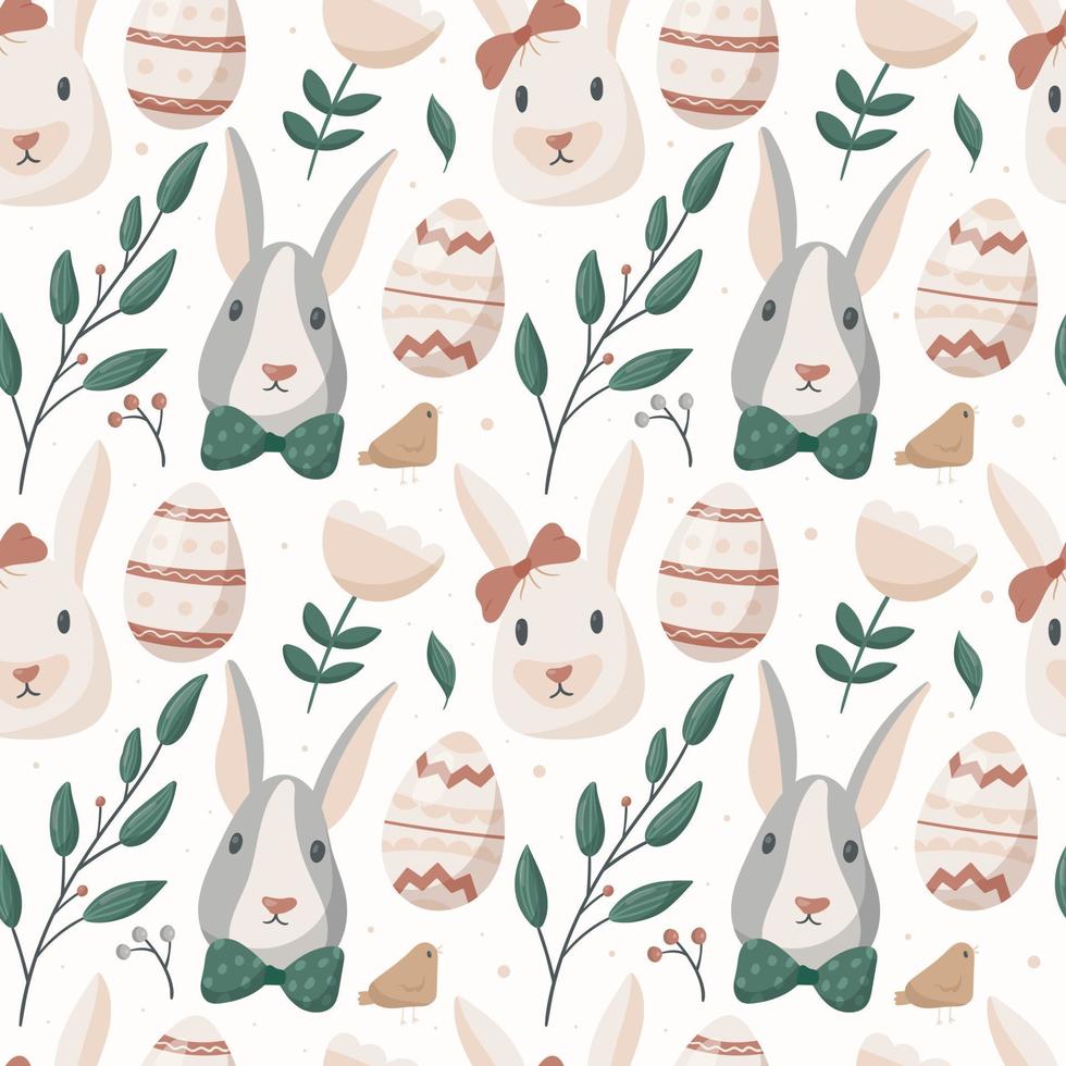 Vector cartoon festive easter pattern. Cute images of rabbits or hares and painted eggs, twigs with spring leaves and flowers on the stems. Background or wrapping paper decoration.
