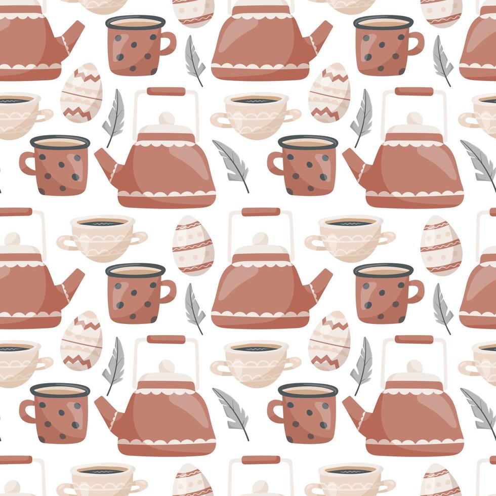 Vector seamless Easter pattern. Cute doodle icons teapot and mugs with tea or coffee, painted eggs and feathers. Background decoration in cozy warm colors.