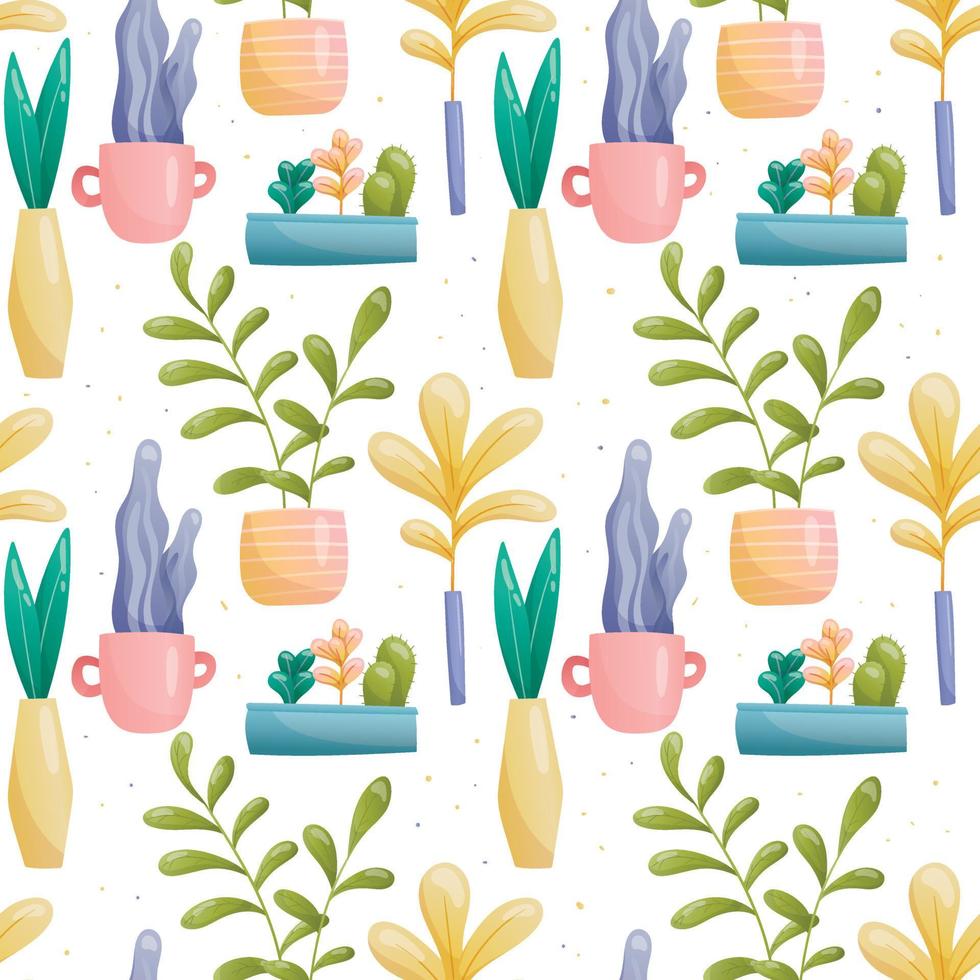 Seamless vector pattern of images of domestic fairy fantastic plants in pots and vases of various unusual shapes and bright colors with reflection. Large and small leaves painted in gradient, cacti.