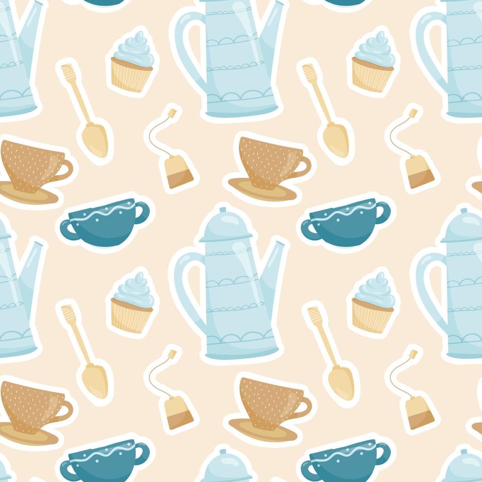 lindo patrón acogedor vector sin costuras. tazas y tetera con té, bolsita de té, muffin y cucharadita. ceremonia del té en colores cálidos. fondo de decoración o papel de regalo en estilo de dibujos animados.