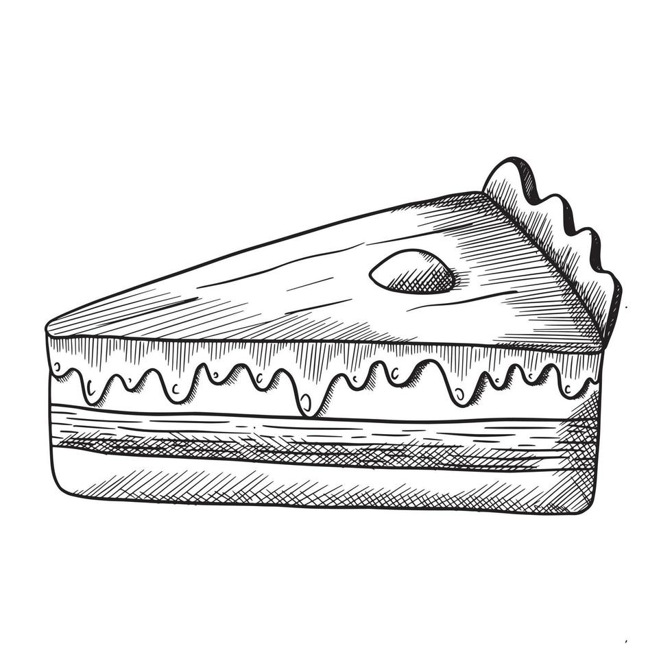 un pedazo de dulce postre pastel con Formación de hielo. vector aislado monocromo bosquejo ilustración.