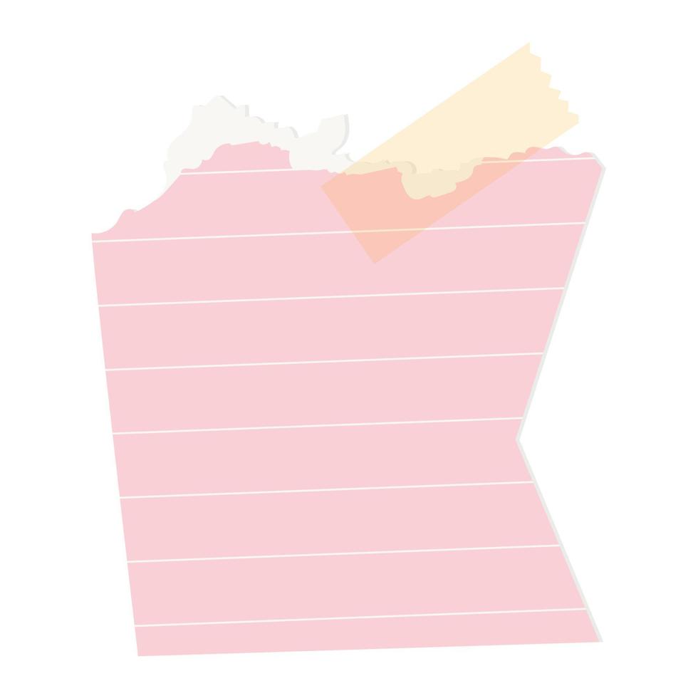 Isolated Scrap of pink lined notebook paper with tape. Vector design element for scrapbooking or collage.