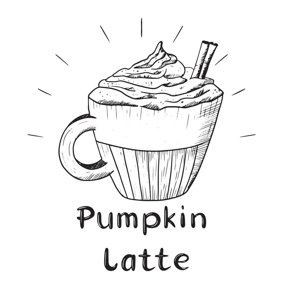 Cup of pumpkin coffee latte with cream and cinnamon stick. Handwritten lettering. Vector isolated sketch illustration.