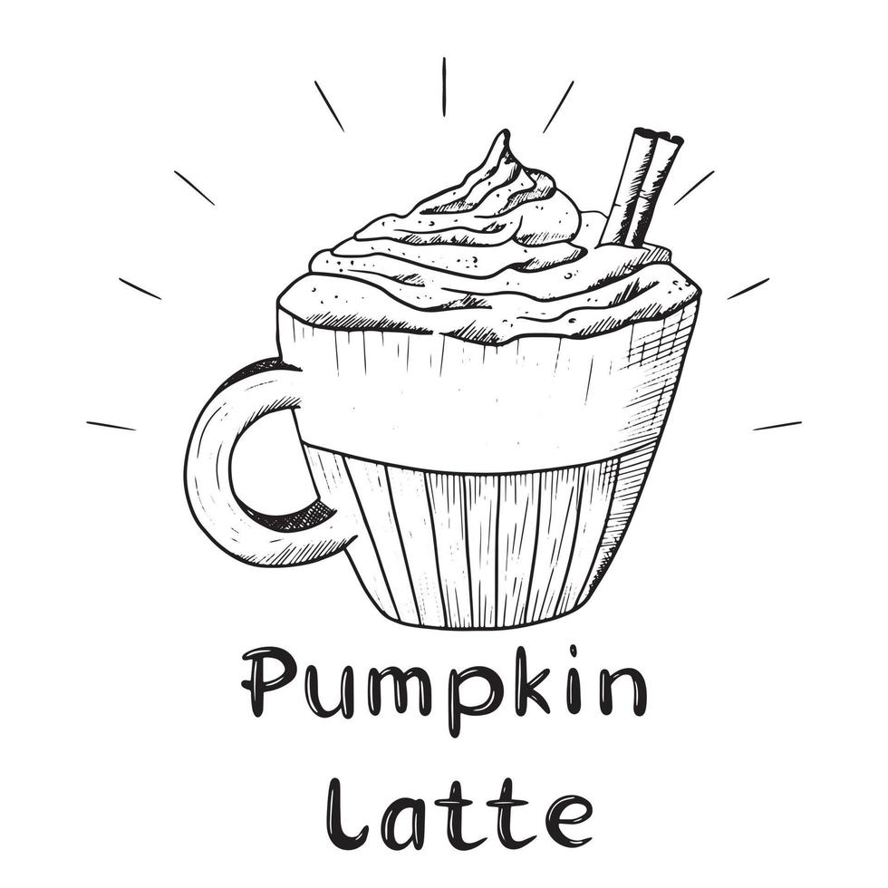 taza de calabaza café latté con crema y canela palo. escrito letras. vector aislado bosquejo ilustración.