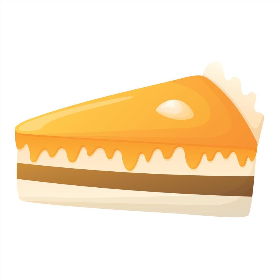 Piece of cake or cheesecake with orange icing. Vector cartoon isolated illustration of sweet dessert.