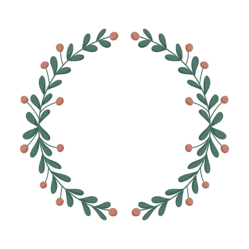Vector design element, round herbal wreath or frame of twigs, leaves and berries.