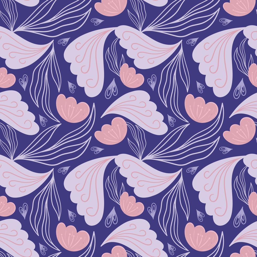 Abstract vector purple floral seamless pattern. Flower buds, leaves and petals.