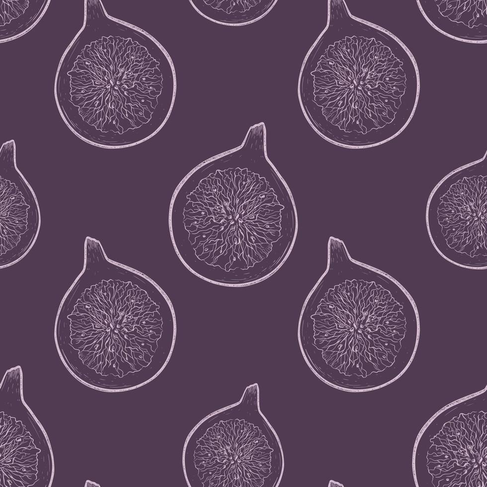 Ripe fig fruit in sketch style, vector seamless purple pattern.