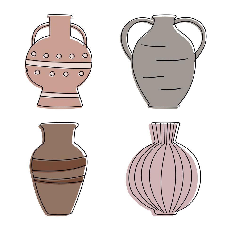 Set of clay cartoon ancient vases. Attributes and decor items, tableware items of the ancient world. Line art jugs with lines and circles. vector