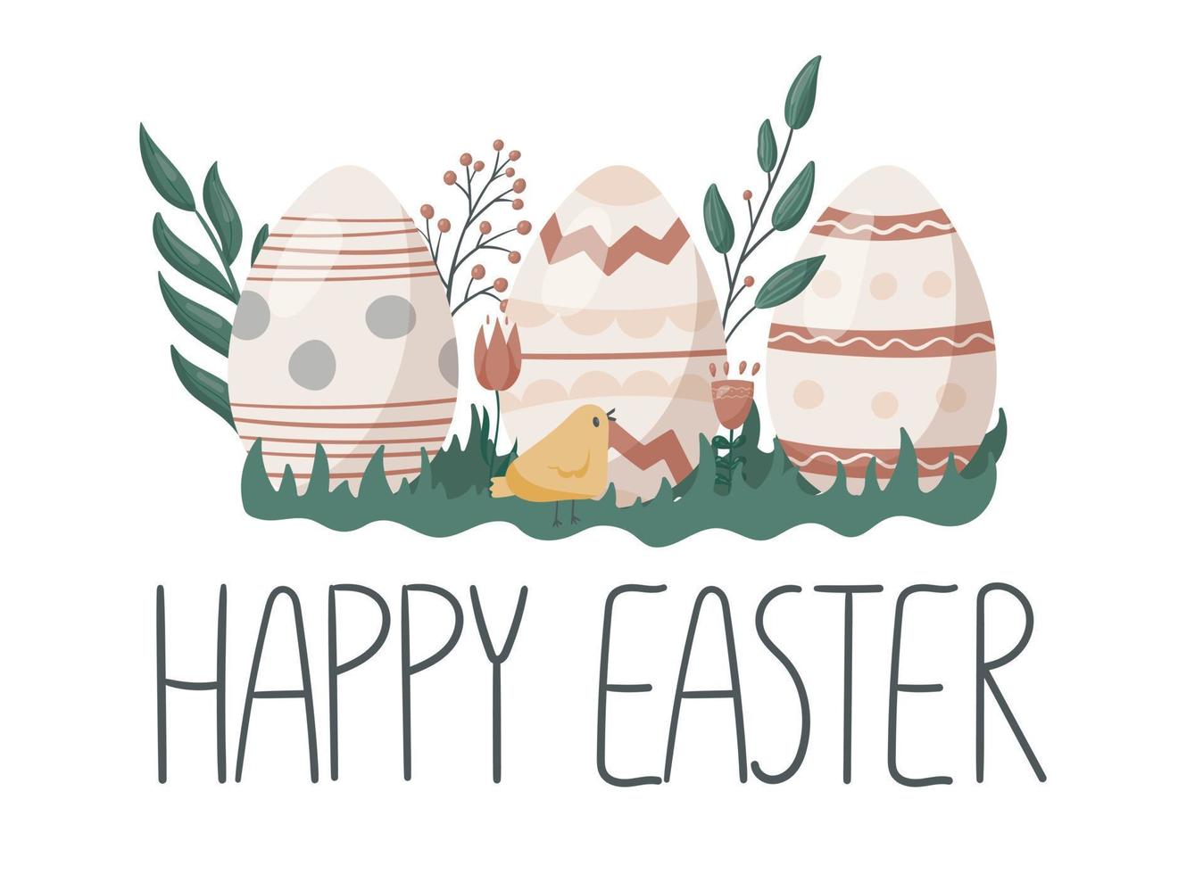 Vector festive Easter illustration. Painted eggs, decorated with flowers, leaves and twigs, and a cute chicken nearby. Spring composition with the inscription Happy Easter.