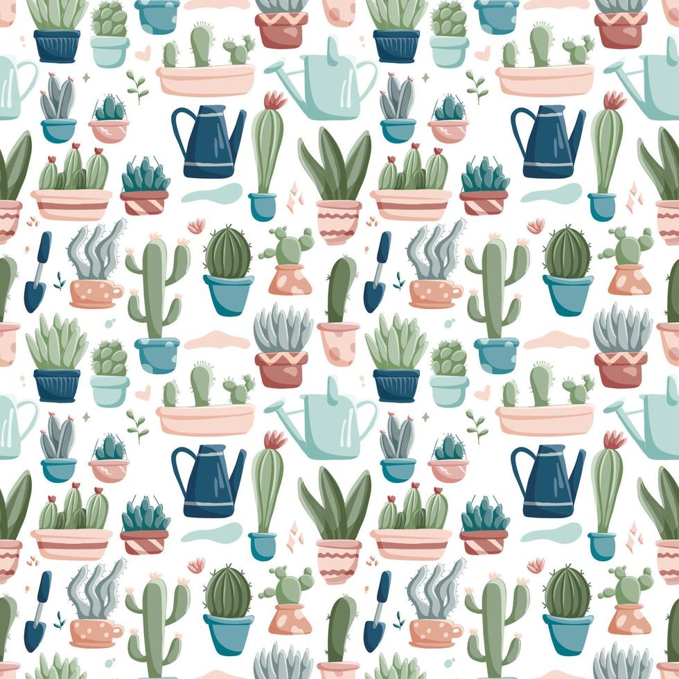Seamless pattern with vector doodle icons of home plants in pots. Cute pastel colored lined cacti and succulents in different shapes and sizes. Stickers on the theme of gardening and home comfort.