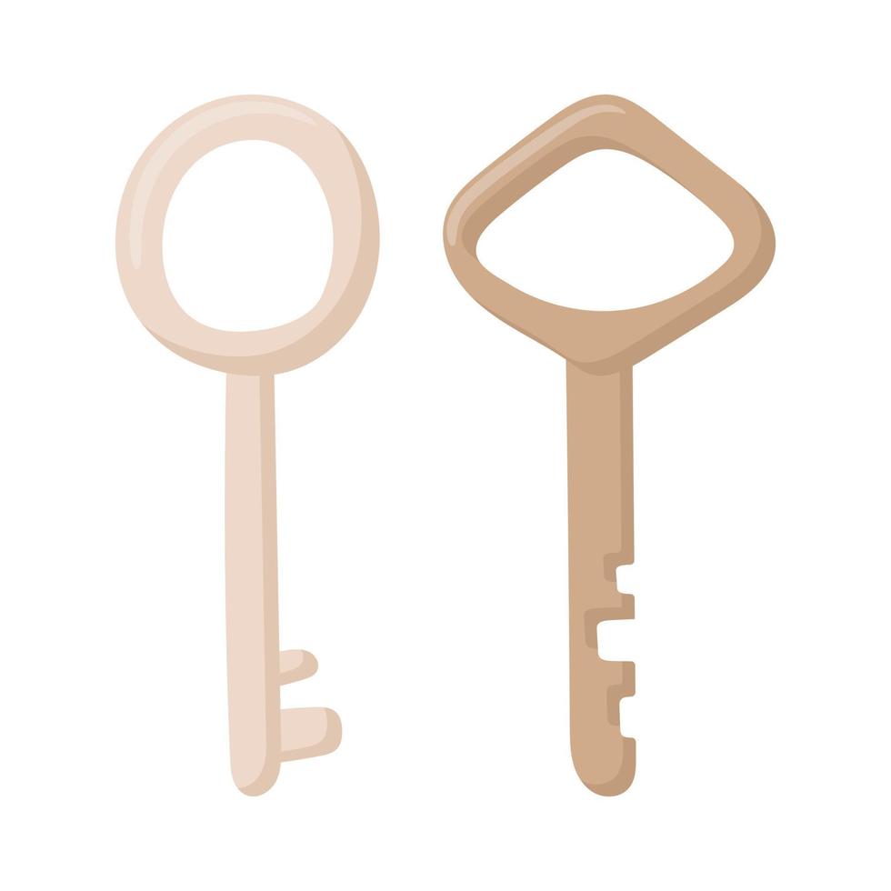Vector doodle set of two gold vintage keys isolated on white.