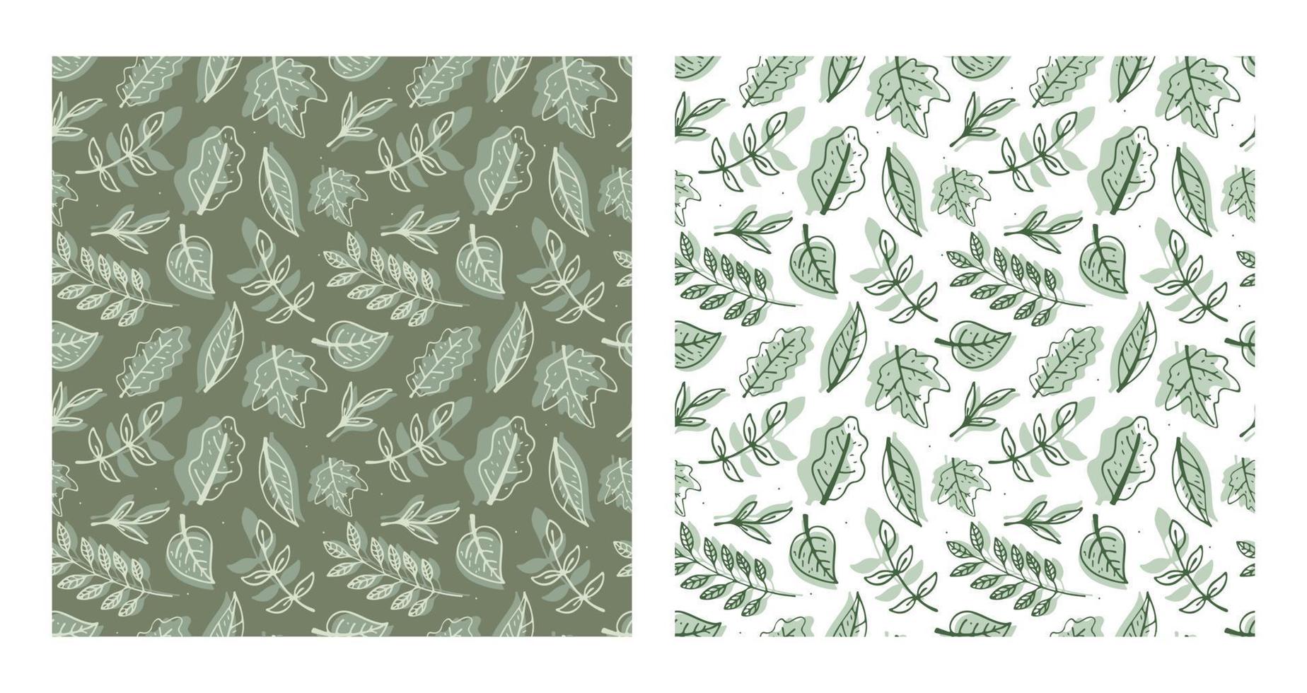 Vector modern seamless pattern. Doodle images and flat icons with twigs and leaves. Wrapping paper and background decoration. Two color options.