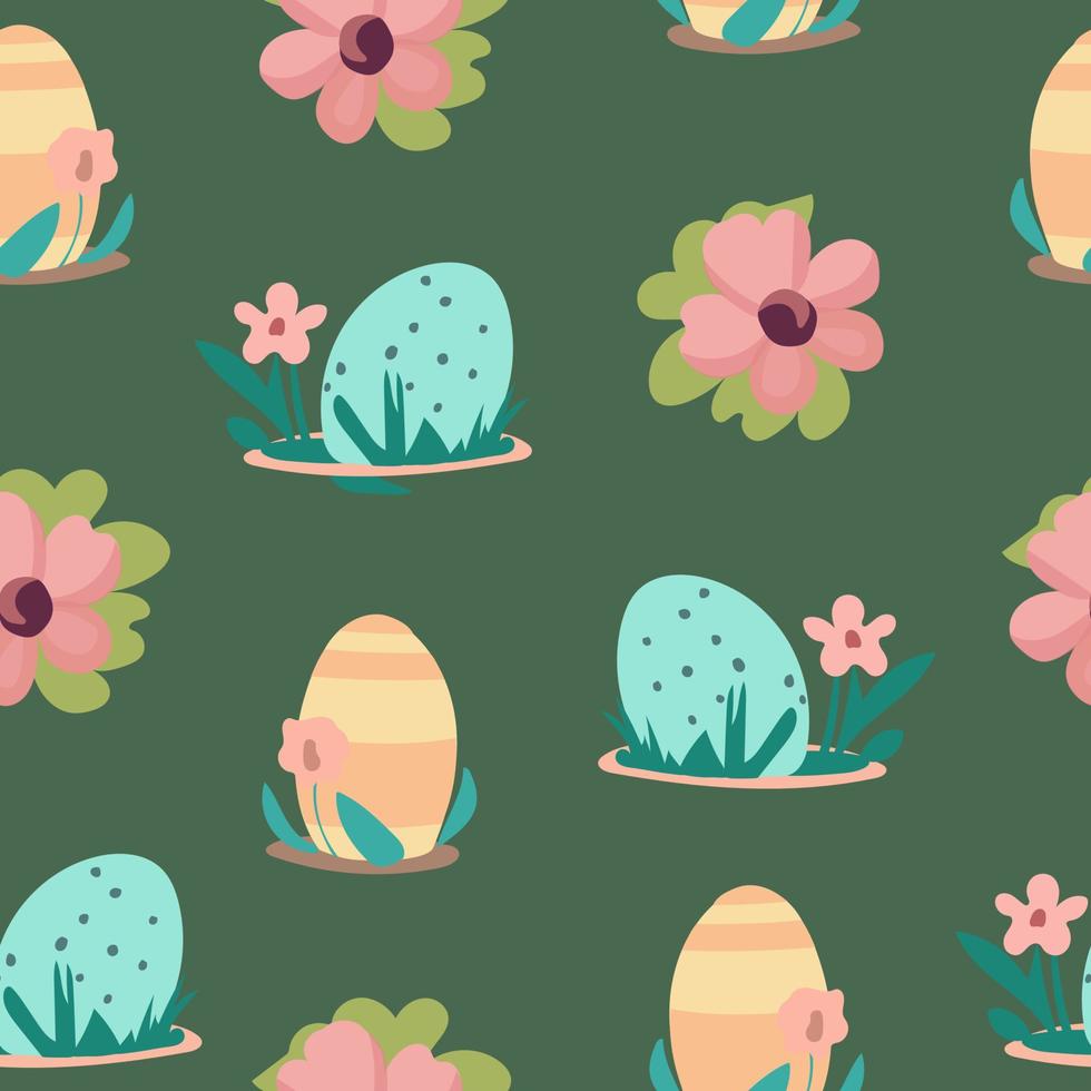 Cute seamless Easter pattern with eggs and flowers. vector