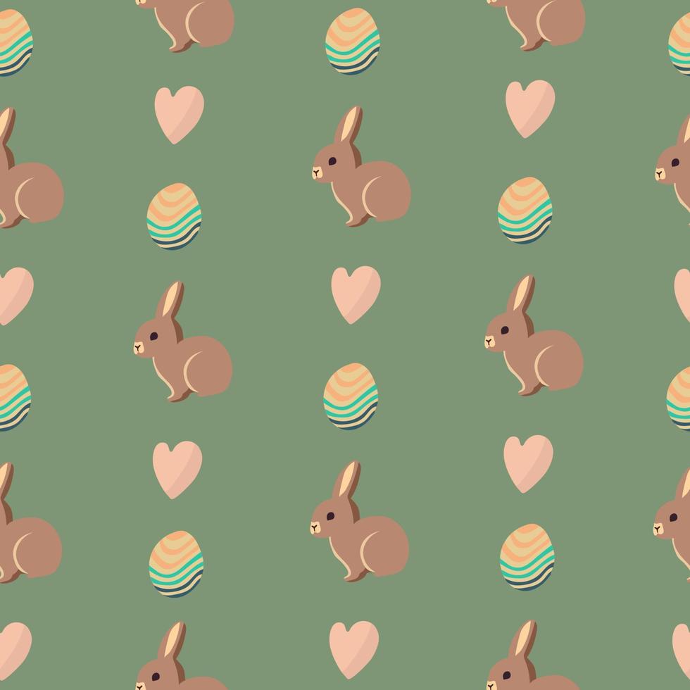 Cute seamless Easter pattern with easter bunny, easter eggs and heart. vector