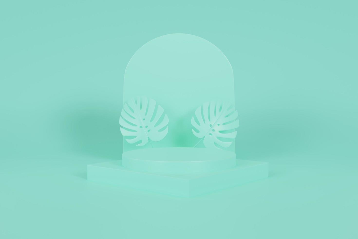 abstract geometric shape podium for product display with monstera leaf on green background 3d rendering photo