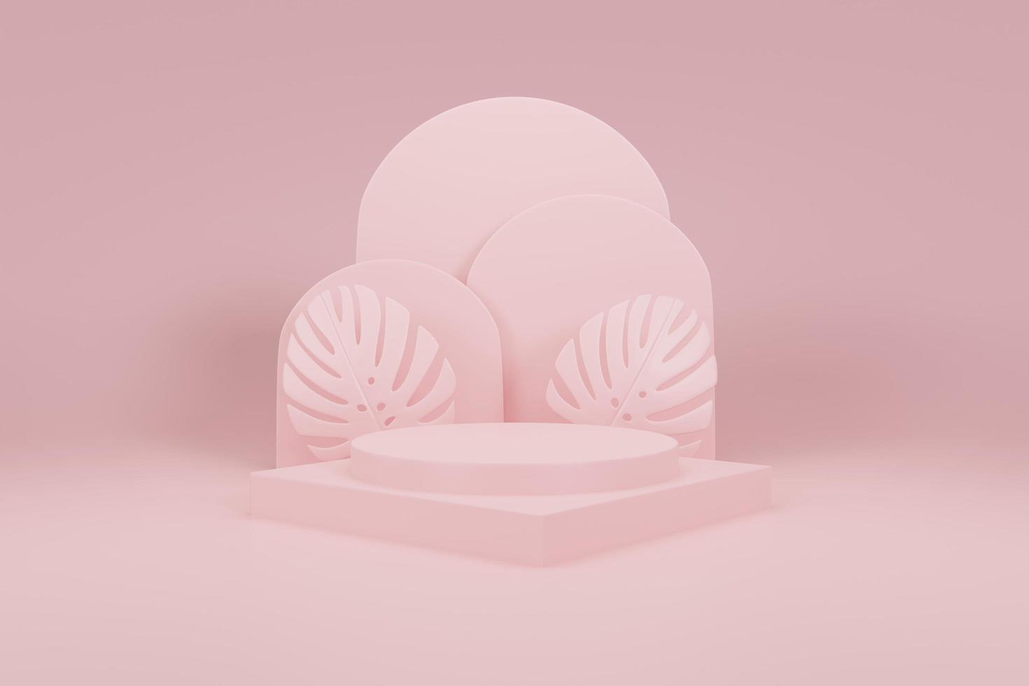 abstract geometric shape podium for product display with monstera leaf on pink background 3d rendering photo