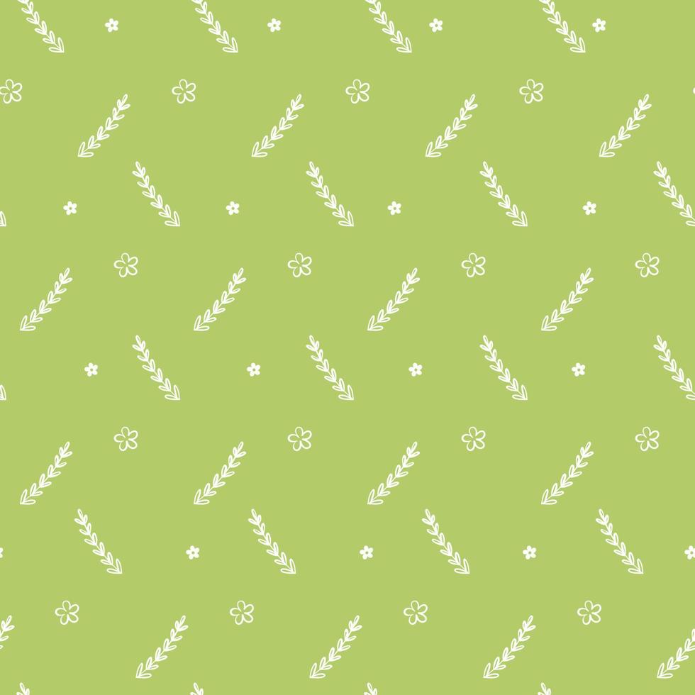 Cute little flowers and twigs on a green background. Spring seamless pattern vector