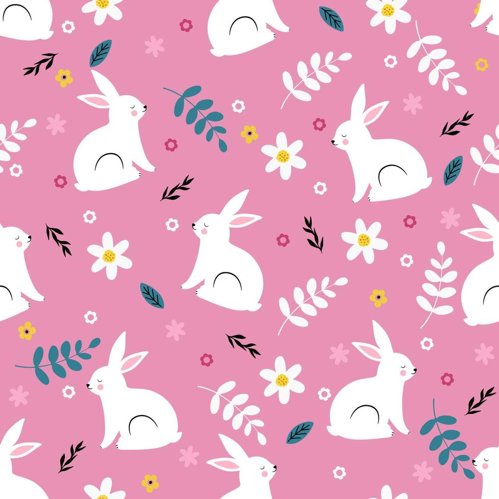 Cute white rabbit fith flowers and leaves. Seamless spring pattern vector