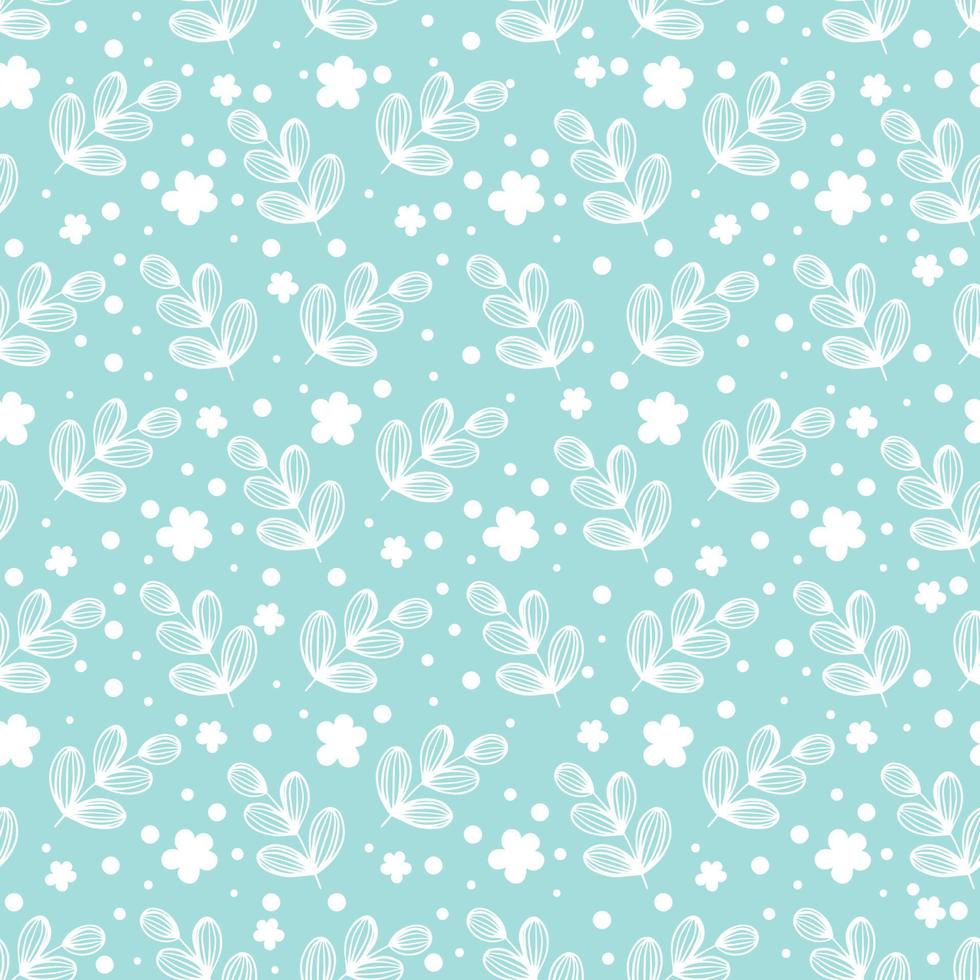Delicate print with leaves and flowers on blue. Semless simple pattern vector