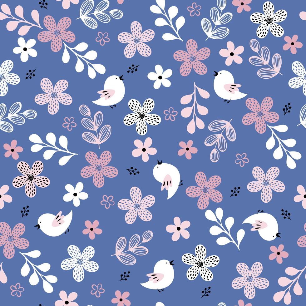 Spring simple flowers and birds seamless pattern vector