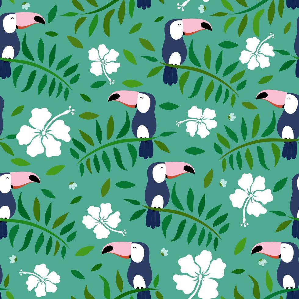 Exotic bird toucan, leaves and flowers. Cute seamless pattern. vector